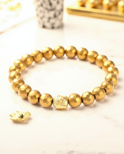 Golden Hematite Bracelet with Gold-Tone Buddha Bead for Grounding, Protection and Security