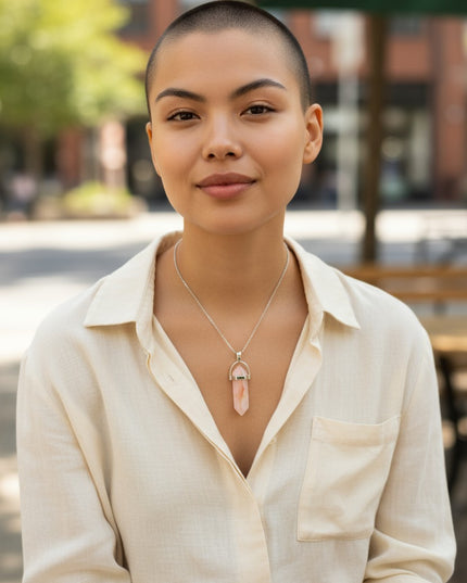 Rose Quartz Double Point Necklace with 18 Inch Chain