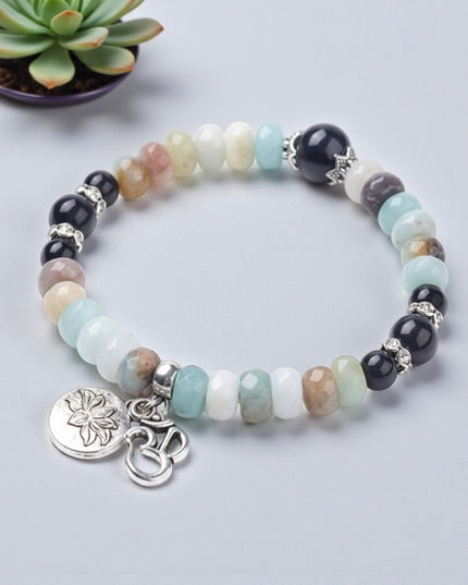 Natural Amazonite and Obsidian Stretch Bracelet with Lotus and Om Symbol Charm