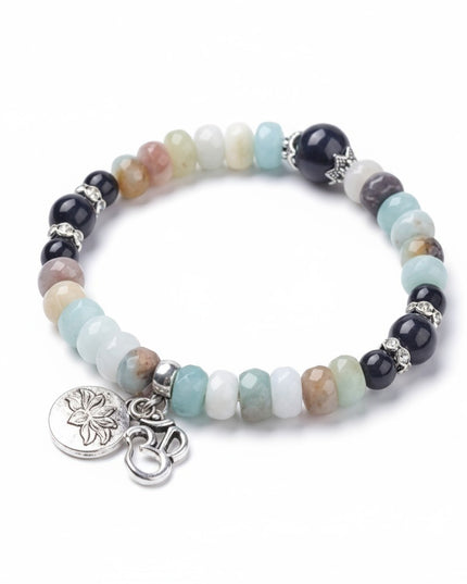 Natural Amazonite and Obsidian Stretch Bracelet with Lotus and Om Symbol Charm