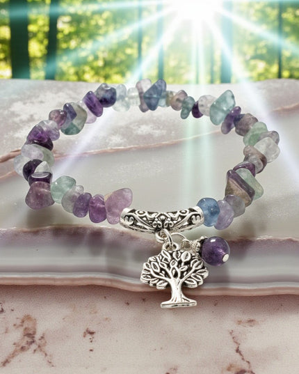 Chipped Fluorite Bracelet with Tree of Life Charm To Harmonize And Balance Your Thoughts and Feelings.