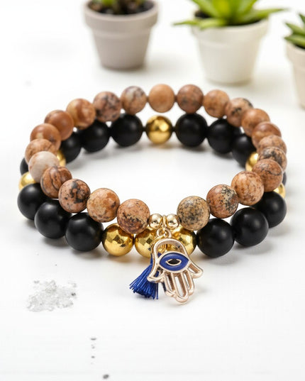 Picture Jasper and Wood Bracelet Set with Charm for Balance, Healing, and Tranquility.