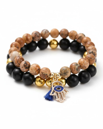 Picture Jasper and Wood Bracelet Set with Charm for Balance, Healing, and Tranquility.