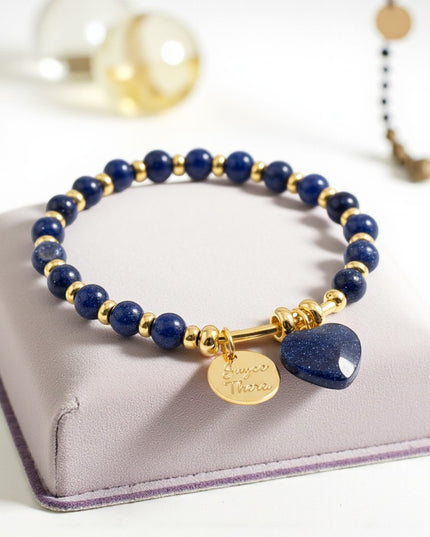 Natural Lapis Lazuli Heart Charm Bracelet for Wisdom, Intuition and Connection 6mm Beads