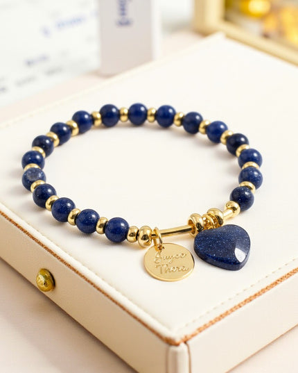Natural Lapis Lazuli Heart Charm Bracelet for Wisdom, Intuition and Connection 6mm Beads