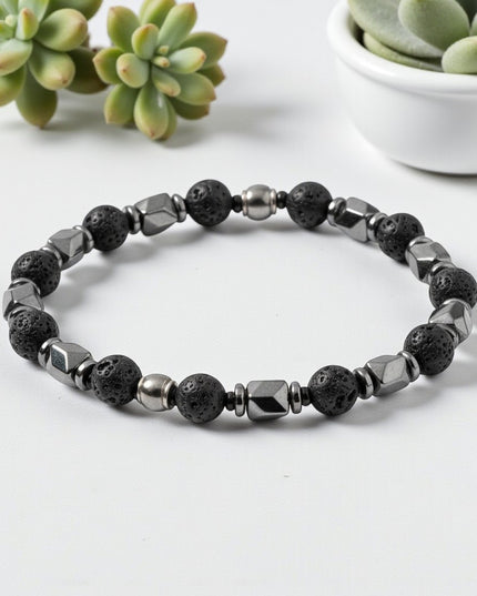 Lava Stone and Hematite Bracelet for Grounding, Strength and Protection