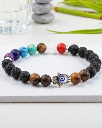 Lava Stone Chakra Bracelet with Evil Eye Charm for Protection, Grounding and Balance