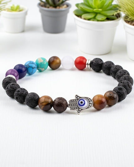 Lava Stone Chakra Bracelet with Evil Eye Charm for Protection, Grounding and Balance