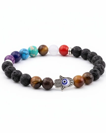 Lava Stone Chakra Bracelet with Evil Eye Charm for Protection, Grounding and Balance
