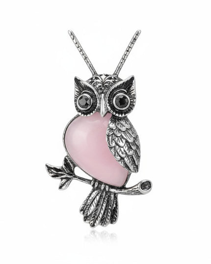 Rose Quartz Gemstone Owl Charm Pendant Necklace