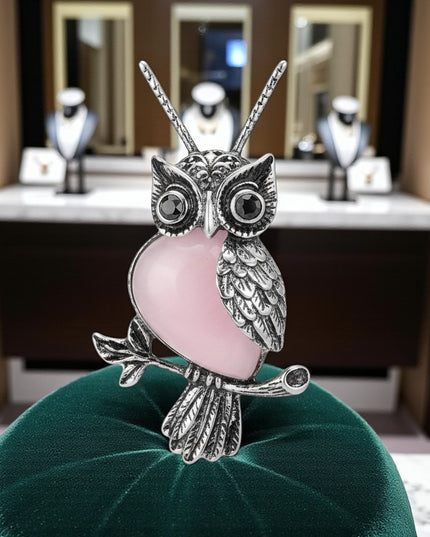 Rose Quartz Gemstone Owl Charm Pendant Necklace