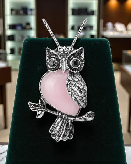 Rose Quartz Gemstone Owl Charm Pendant Necklace