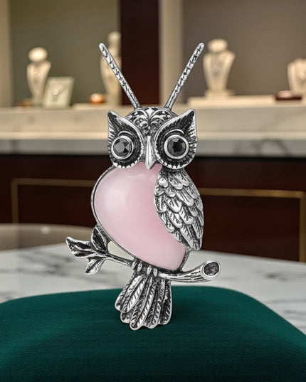Rose Quartz Gemstone Owl Charm Pendant Necklace