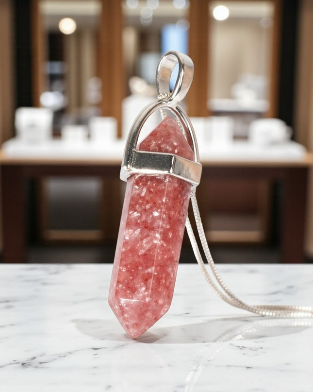 Strawberry Quartz Double Point Pendant With Chain