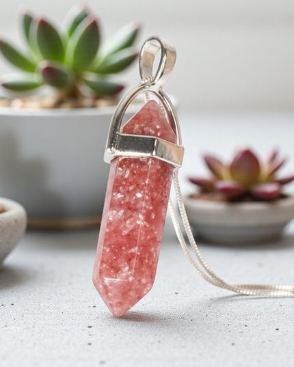 Strawberry Quartz Double Point Pendant With Chain