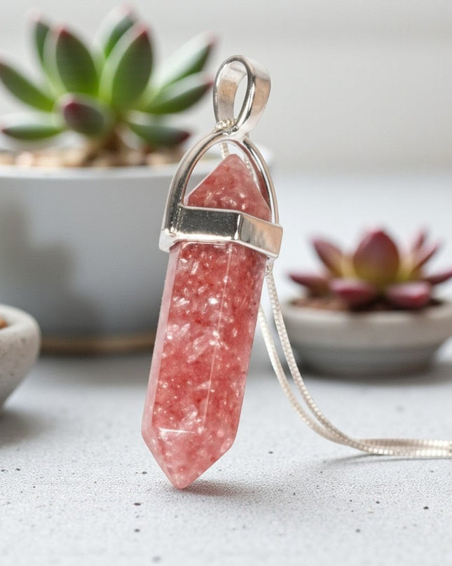 Strawberry Quartz Double Point Pendant With Chain