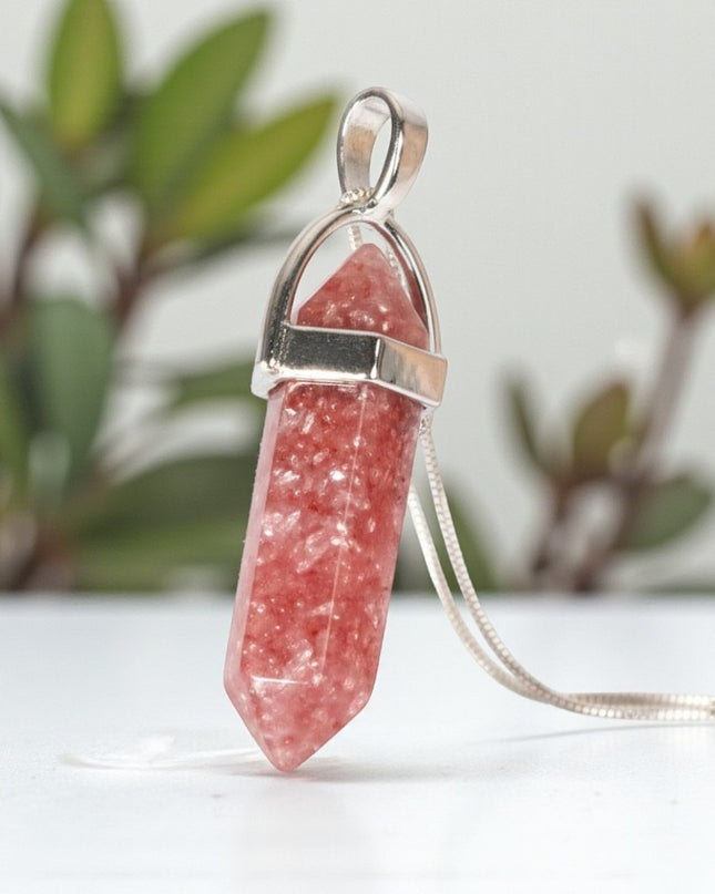 Strawberry Quartz Double Point Pendant With Chain