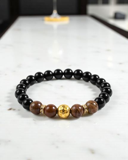 Natural Tiger Eye and Black Onyx Bracelet With Charm for Grounding, Intuition and Manifestation