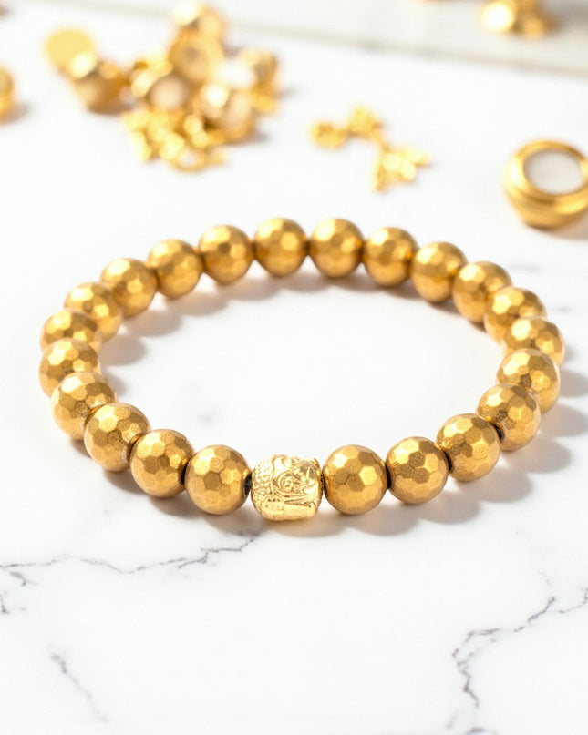 Golden Hematite Bracelet with Gold-Tone Buddha Bead for Grounding, Protection and Security