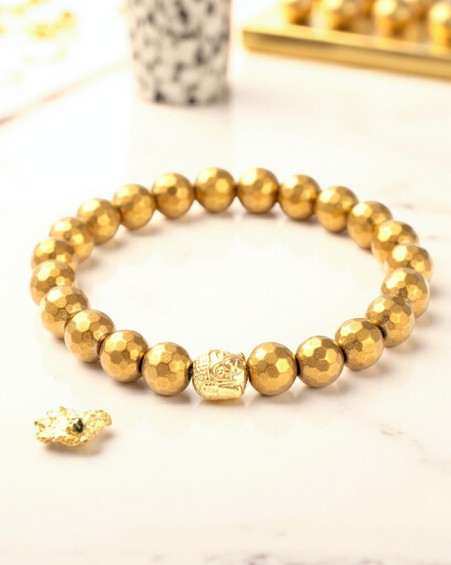 Golden Hematite Bracelet with Gold-Tone Buddha Bead for Grounding, Protection and Security