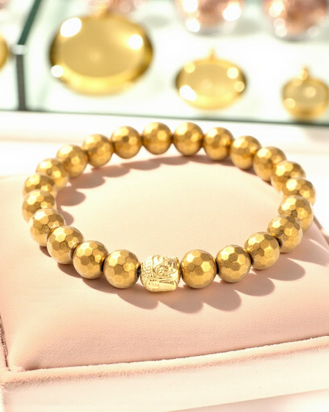 Golden Hematite Bracelet with Gold-Tone Buddha Bead for Grounding, Protection and Security