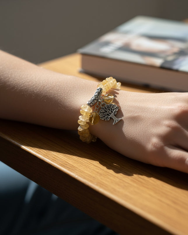 Chipped Citrine Bracelet with Tree of Life Charm for Abundance, Happiness and Success