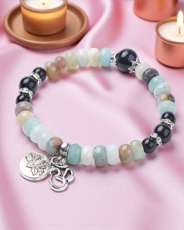 Natural Amazonite and Obsidian Stretch Bracelet with Lotus and Om Symbol Charm