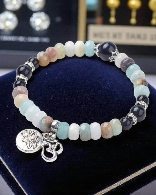 Natural Amazonite and Obsidian Stretch Bracelet with Lotus and Om Symbol Charm