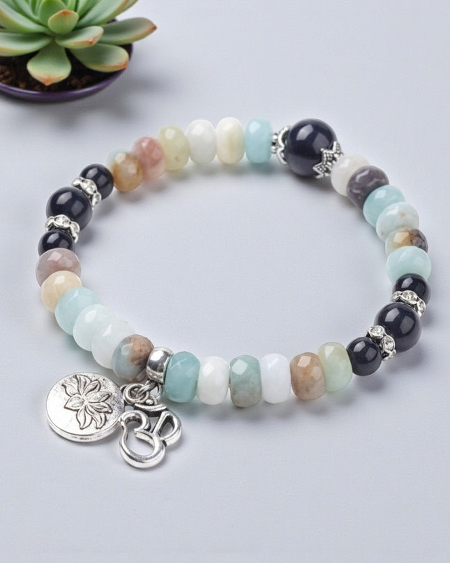 Natural Amazonite and Obsidian Stretch Bracelet with Lotus and Om Symbol Charm