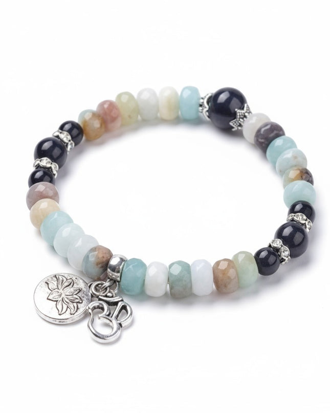 Natural Amazonite and Obsidian Stretch Bracelet with Lotus and Om Symbol Charm