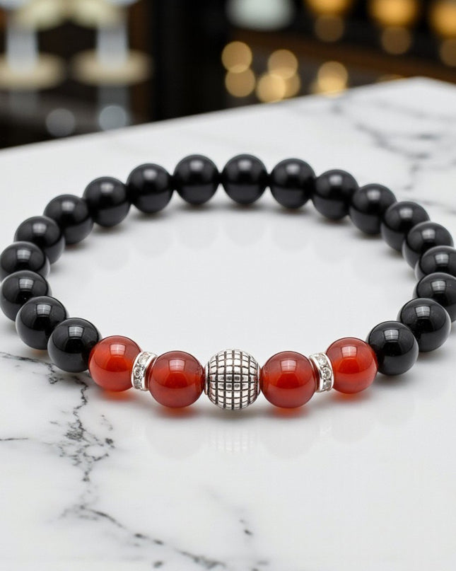 Natural Black Onyx & Carnelian Charm Bracelet Crystal Energy Jewelry