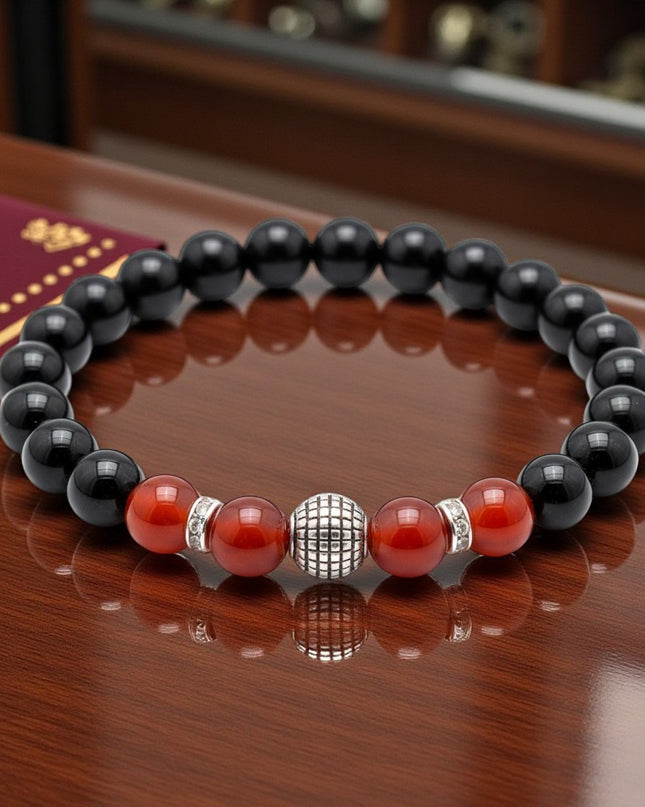 Natural Black Onyx & Carnelian Charm Bracelet Crystal Energy Jewelry