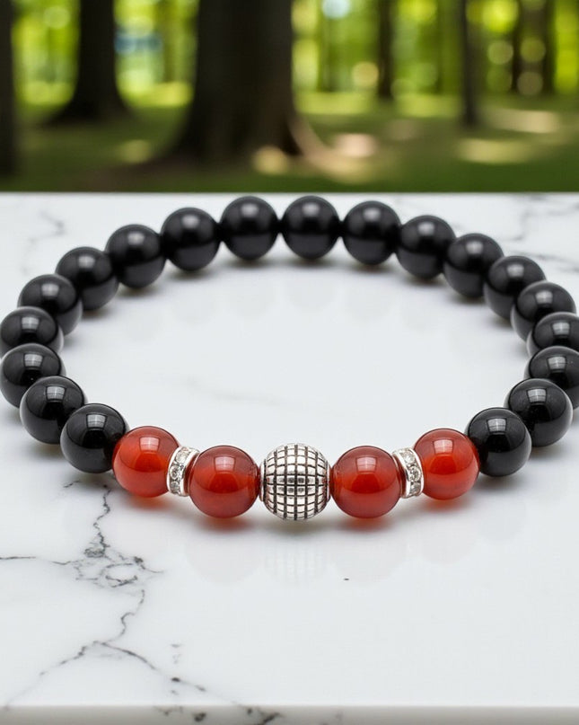 Natural Black Onyx & Carnelian Charm Bracelet Crystal Energy Jewelry