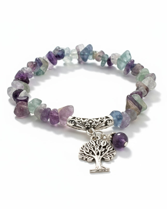 Chipped Fluorite Bracelet with Tree of Life Charm To Harmonize And Balance Your Thoughts and Feelings.