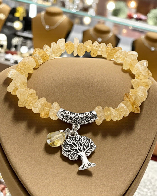 Chipped Citrine Bracelet with Tree of Life Charm for Abundance, Happiness and Success