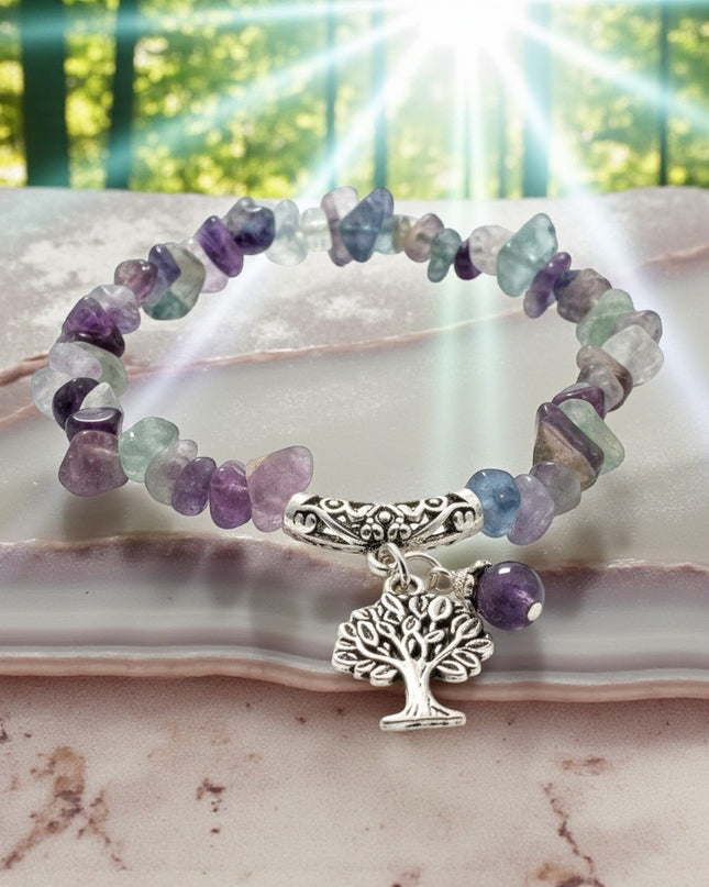 Chipped Fluorite Bracelet with Tree of Life Charm To Harmonize And Balance Your Thoughts and Feelings.