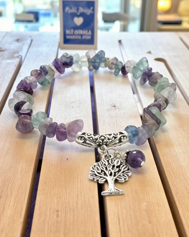 Chipped Fluorite Bracelet with Tree of Life Charm To Harmonize And Balance Your Thoughts and Feelings.