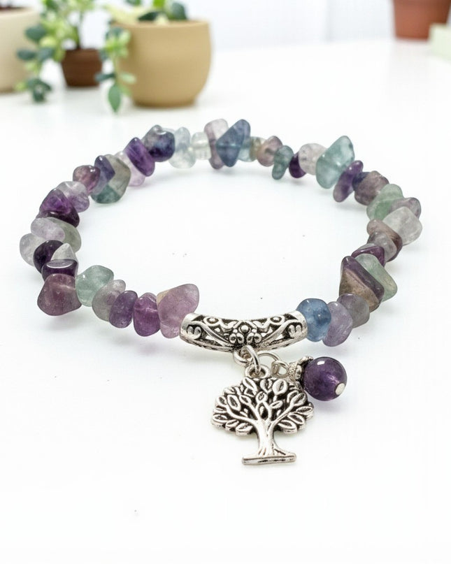 Chipped Fluorite Bracelet with Tree of Life Charm To Harmonize And Balance Your Thoughts and Feelings.