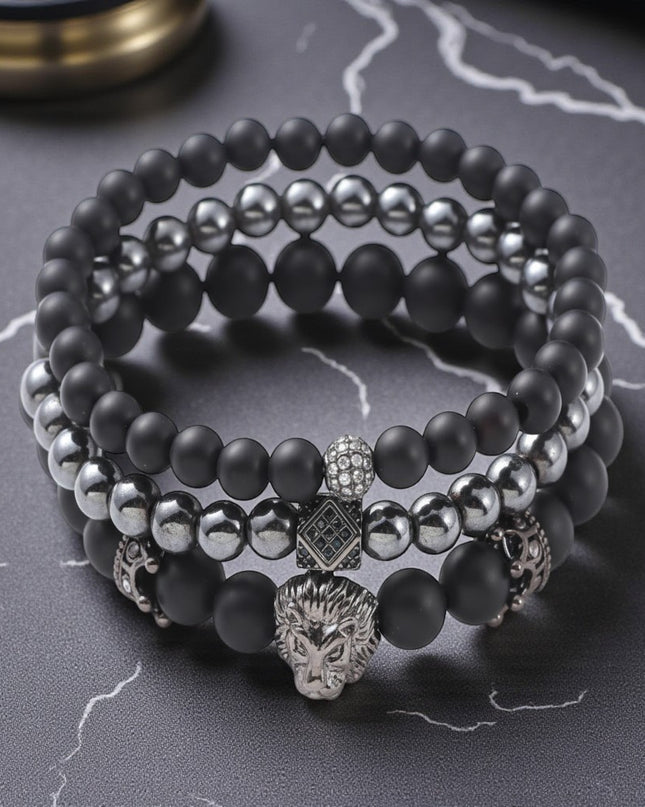 Hematite and Frosted Onyx 8mm Three Bracelet Set