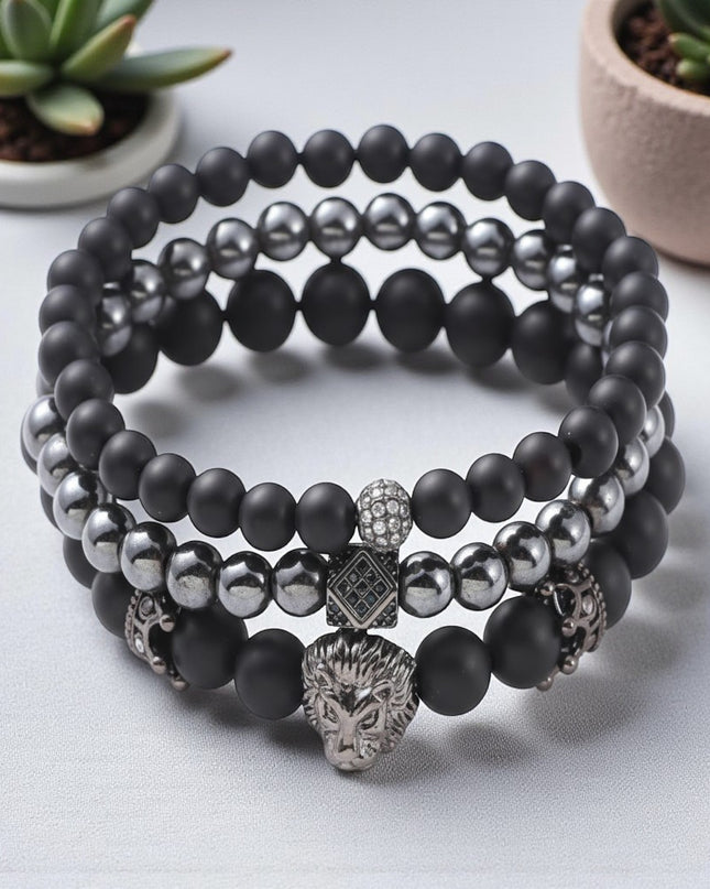 Hematite and Frosted Onyx 8mm Three Bracelet Set