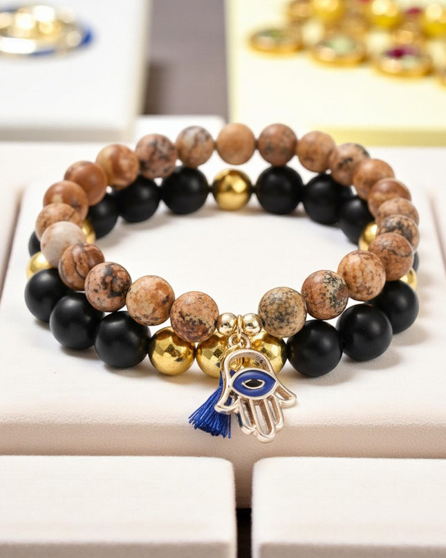 Picture Jasper and Wood Bracelet Set with Charm for Balance, Healing, and Tranquility.