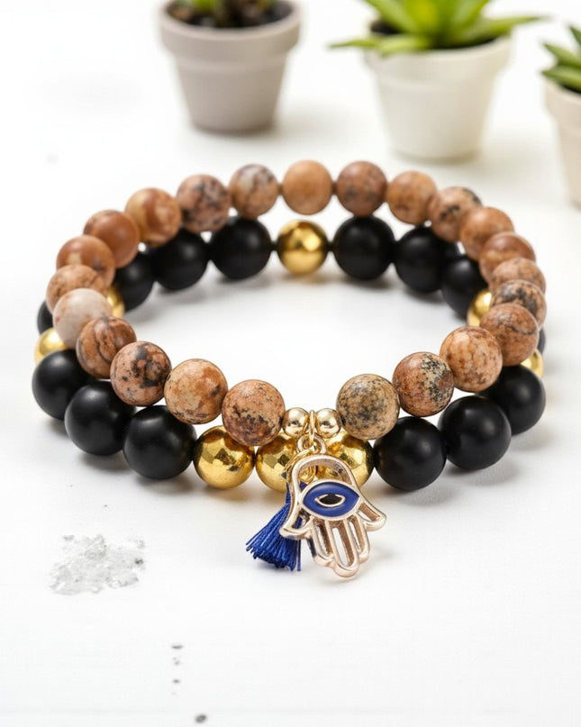 Picture Jasper and Wood Bracelet Set with Charm for Balance, Healing, and Tranquility.