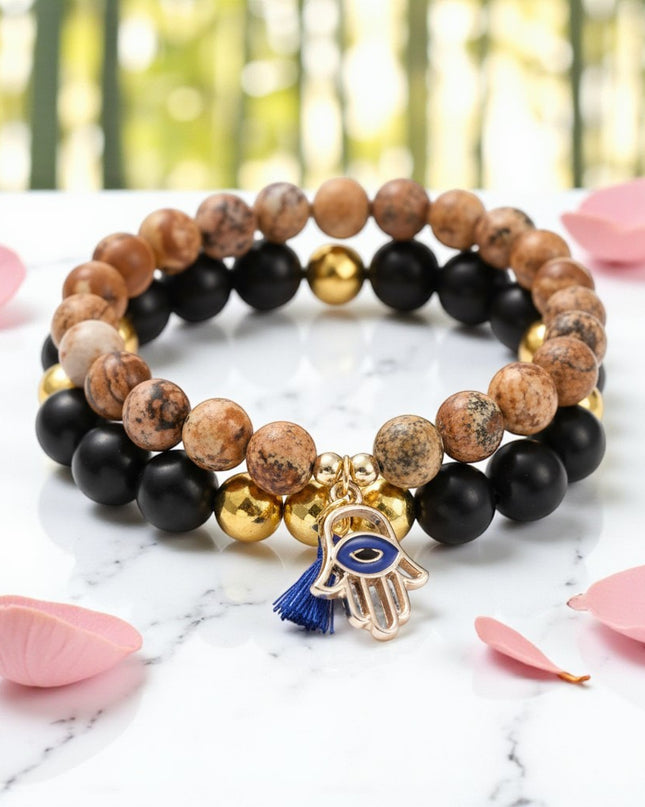 Picture Jasper and Wood Bracelet Set with Charm for Balance, Healing, and Tranquility.
