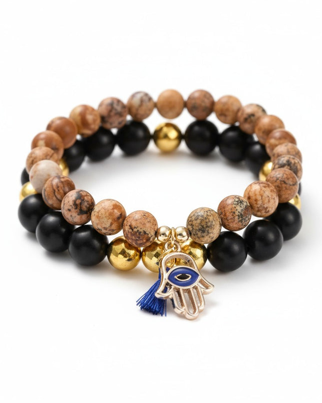 Picture Jasper and Wood Bracelet Set with Charm for Balance, Healing, and Tranquility.