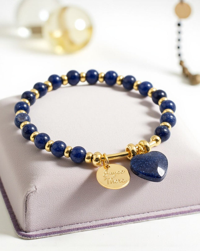 Natural Lapis Lazuli Heart Charm Bracelet for Wisdom, Intuition and Connection 6mm Beads