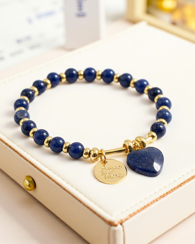 Natural Lapis Lazuli Heart Charm Bracelet for Wisdom, Intuition and Connection 6mm Beads