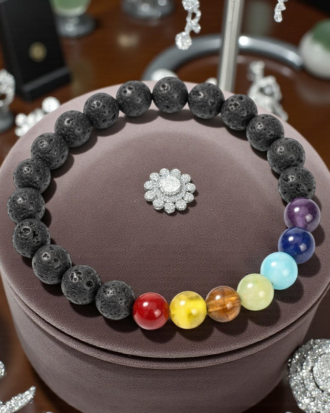 Lava Stone Bracelet With Chakra Healing Beads 8mm