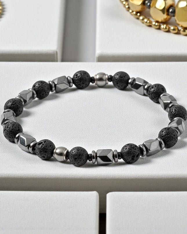 Lava Stone and Hematite Bracelet for Grounding, Strength and Protection