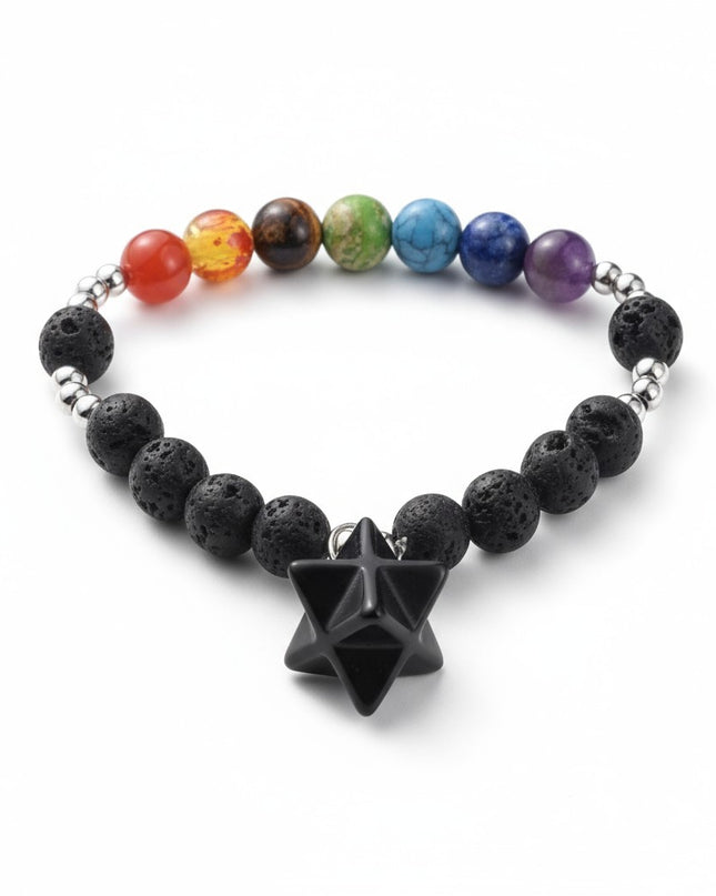 Natural Lava Stone and Obsidian Chakra Bracelet for promotes Grounding, Protection, and Emotional Stability