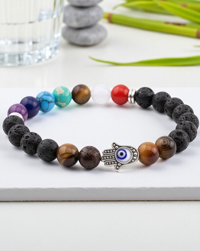 Lava Stone Chakra Bracelet with Evil Eye Charm for Protection, Grounding and Balance